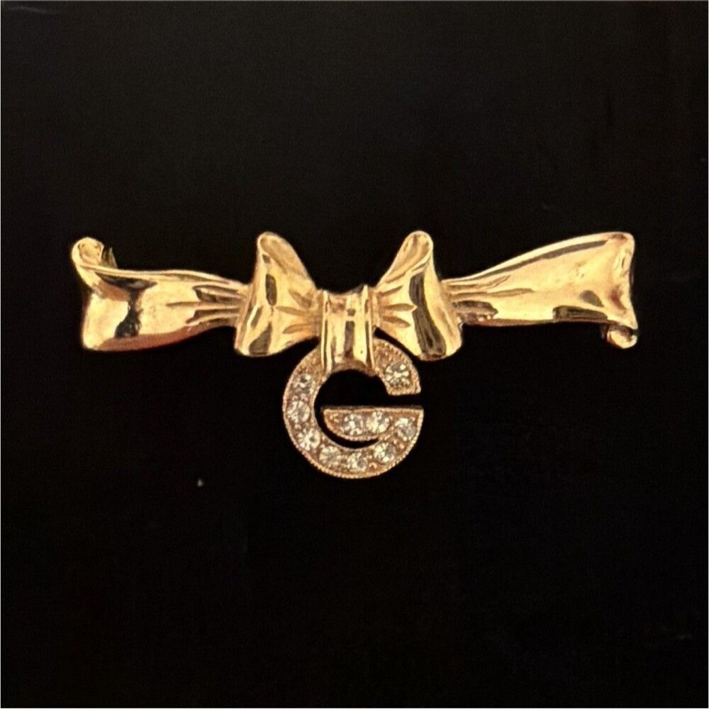 Vintage GIVENCHY Gold Tone Ribbon Bow Rhinestone G Logo Brooch Pin Designer
